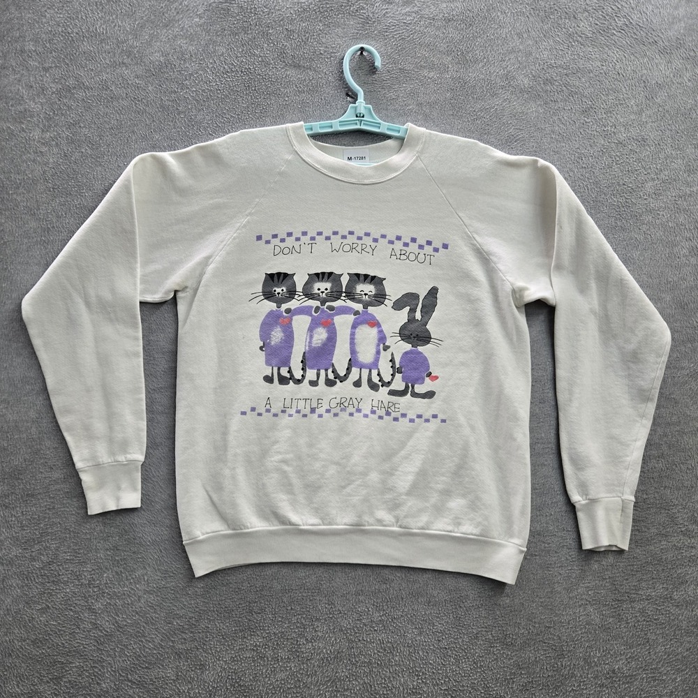 VINTAGE Hare Women Sweatshirt XL White Don't Worry About A Little Gray Hare USA